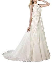 Draped Illusion  Long Sleeves Tulle Wedding Dress  With Pearls