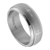 Stainless Steel Curve Spinning Ring with Matte and Shiny Finish and Engraved Crosses