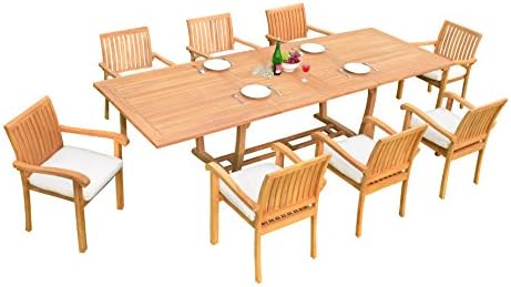 9 PC A Grade Outdoor Patio Teak Dining Furniture Set - 117" Double Extension Masc Rectangle Table & 8 Naples Stacking Arm Chairs