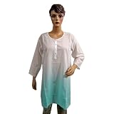 Womens Bollywood Casual Wear Cotton Long Kurta Top Tunic with White Blue Shades Medium Size