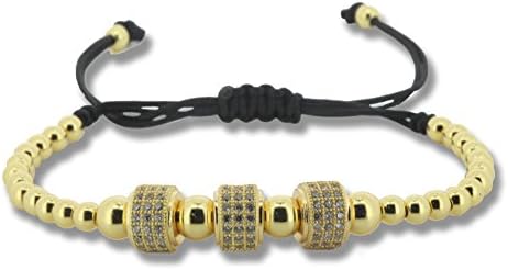Charm 3pcs Wheel Beads Paved White CZ Rhinestones Copper Beads Braided Macrame Men Bracelet (yellow gold)