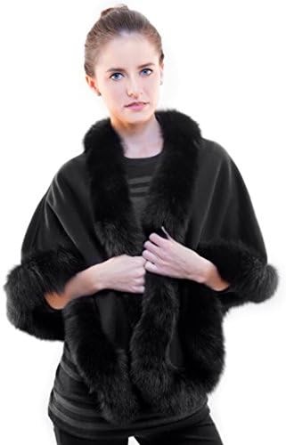 Pure Cashmere Cape with Fox Fur trim Black (One Size, Ivory)