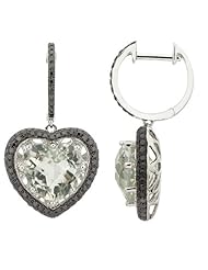 14K White Gold 5.71ctBlack Diamond & Heart Green Amethyst Dangle Earrings