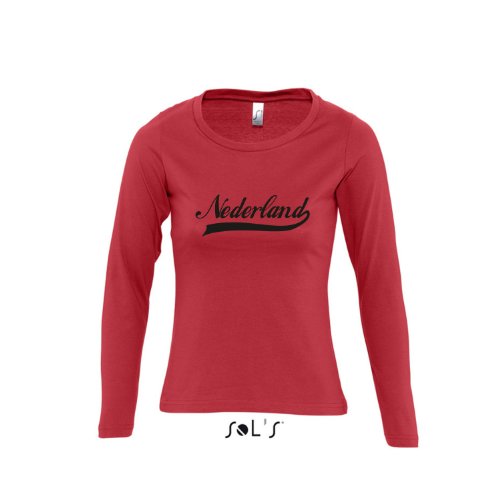 Nederland Oldschool Holland Oranje LÄNDERSHIRT EM / WM FAN Trikot – Damen Langarm Longsleeve T-Shirt S-XL , red – schwarz , S