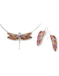 Dragonfly Jewelry Set - Silver Insect Necklace and Earrings Made of Polymer Clay - Millefiori Charms - Handmade Bridesmaid Gift