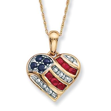 10k Gold Blue Sapphire, Diamond Accents and Lab-Created Ruby Patriotic Pendant 18″ chain