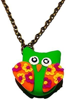 Green and Orange Owl Charm Necklace, Handmade Polymer Clay Owl Pendant with Floral Designs, Kawaii Owl Woodland Animal Jewelry, Gift Idea for Kids