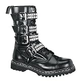 MENS Mid Calf Combat Boot Punk Goth 10 Eyelet 4 Strap Steel Toe Black Leather