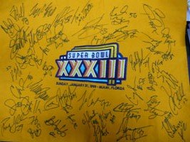 Signed Falcons, Atlanta (1999) Super Bowl XXXIII Hand-made cloth Flag by the 1999 Atlanta Falcons Team. 45+ signatures in all