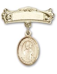 Gold Filled Baby Badge with St. Dennis Charm and Arched Polished Badge Pin