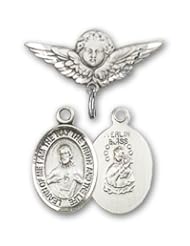 Sterling Silver Baby Badge with Scapular Charm and Angel with Wings Badge Pin