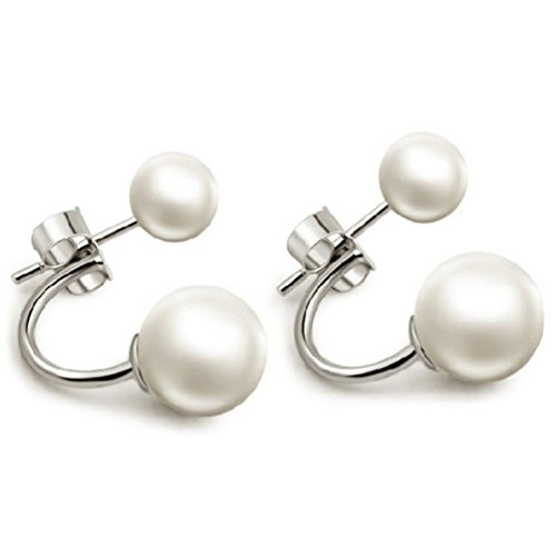 HITOP Fashion Jewelry 925 Sterling Silver Double Faux Pearls Two Sided Balls Hoop Stud Earrings (White)
