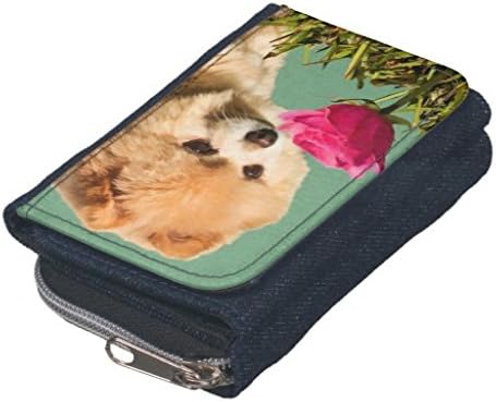 axeling-Womens Mens Zip Mini Wallet Denim Handbag Short Safe Coin Purse Card Holders Pomeranian Dog and Rose