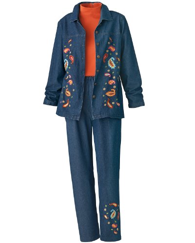 "National Embroidered Denim Pantset, Petite"