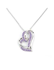 925 Sterling Silver Purple CZ Double Heart Necklace (16")