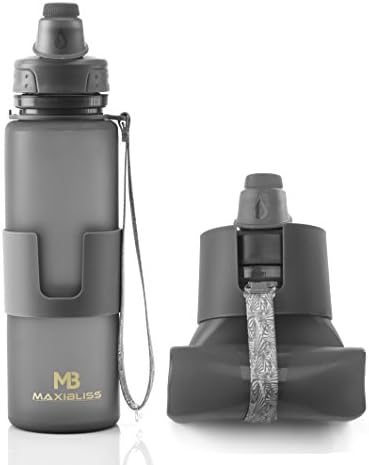 MaxiBliss Collapsible Sports Water Bottle - 22 Ounce / 650 ML - Leak Proof Twist Cap BPA Free - Portable Roll Up Bottle (Cool Grey)