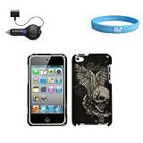 Protective Soft-Touch Rubberized Matte Finish Skull Wing Case for Latest 4th Gen Apple iPod Touch + Apple Approved Retractable Car Charger + SumacLife TM Wisdom*Courage Wristband