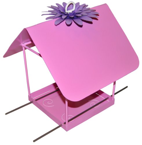 Steven Cooper, Metalsmith ABF-07 Rounded Rectangle Roof Steel Pink Bird Feeder with Flower