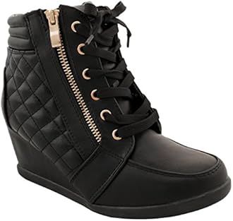Women High Top Wedge Heel Sneakers Platform Lace Up Shoes Ankle Bootie, Size 7, Black Black