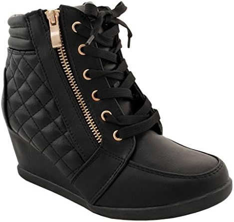 Women High Top Wedge Heel Sneakers Platform Lace Up Shoes Ankle Bootie, Size 7, Black Black