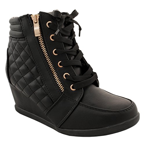 Women High Top Wedge Heel Sneakers Platform Lace Up Shoes Ankle Bootie, Size 7, Black Black