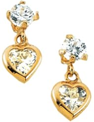 14K Yellow Gold 4 MM Heart Shaped Cubic Zirconia Childrens Dangle Earrings