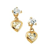14K Yellow Gold 4 MM Heart Shaped Cubic Zirconia Children's Dangle Earrings