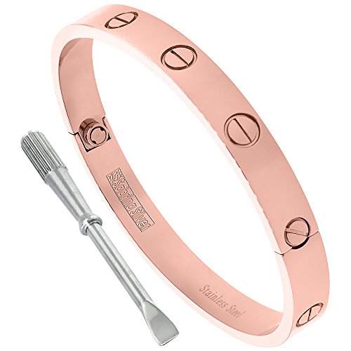 Stainless Steel Screw Head Bangle Bracelet for Women Oval Rose Gold 7mm wide, fits 6.5 -7.75 inch wrists