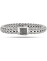 Rhodium Plated Weave Black Sapphires Domed Bracelet In Sterling Silver With Textured Edges