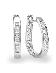 0.20 Carat (ctw) 10K White Gold Baguette Cut Diamond Ladies Hoop Earrings 1/5 CT