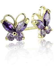 14K Gold Stud Screwback Earring Amethyst Butterfly Yellow Gold Earring with Screw-Back