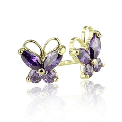 Cheap Girls Jewelry 14K Gold Stud Screwback Earring Amethyst Butterfly Yellow Gold Earring with Screw-Back For Sale