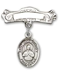 Sterling Silver Baby Badge with St. John Vianney Charm and Arched Polished Badge Pin