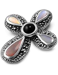 Sterling Silver Marcasite Mother of Pearl Cross Pendant Charm Pure 925 New 27mm with 1.3mm Curb Chain