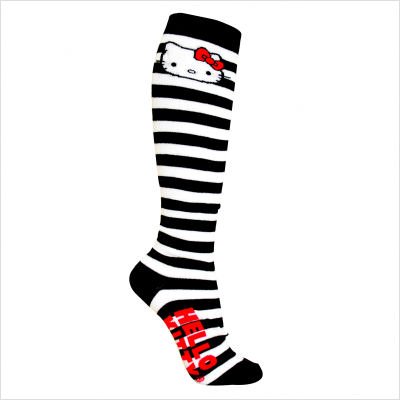White Dresses For Women : Hello Kitty Knee Socks in Black / White / Pink Stripe Description. sansk0033 Features: -Constructed of 70pct Cotton, 20pct Nylon, 