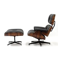 Modern Classic Plywood Lounge Chair and Ottoman with Palisander Base and Black Leather Uphostery