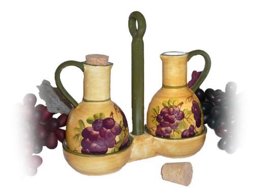 Tuscany Grape wine Decor Oil & Vinegar bottle Cruet Set w/Caddy