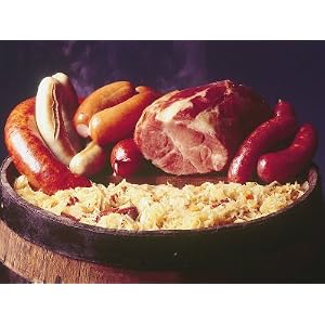 Choucroute Garni Meal of Sauerkraut: Kielbasa, Veal Sausage, Knackwurst, Pork Butt and Bratwurst Photographic Poster Print