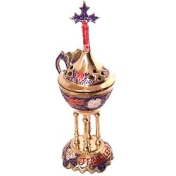 Brass Greek Pedestal Incense Burner - Colored - Censor with Cross and Jerusalem engraved (17cm or 6.8 inches Tall)