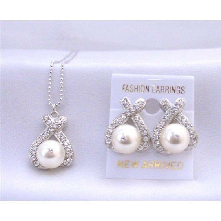 Brd819 Swarovski Pearls 10mm Pendant Earrings Jewelry Set Cream Pearls Sparkling Simulated Diamond Set with Gift Box