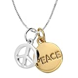 14k Yellow Gold Plated Sterling Silver Peace And Peace-Sign Two-Tone Charm Necklace, 18