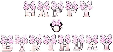 Lovarin New Design Minnie Mouse Birthday Banners with Greeting Card-Premium Card Stock with Pink Polka Dot Bow for Kid's Party Themes Supplies Birthday Decorations Bunting
