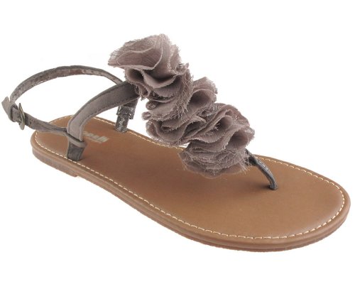 Capelli New York Faux Suede T-Strap With Ruffle Flower Trim Ladies Sandal Grey 8