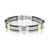 Men's 18k Gold and Stainless Steel with Black Robber Bracelet Bangle (Length 7.5 and Width 9mm)