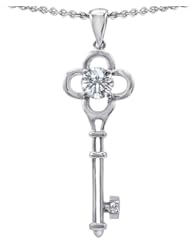 Candygem 14k Gold Key to my Heart Love Key Pendant with Genuine Round White T...