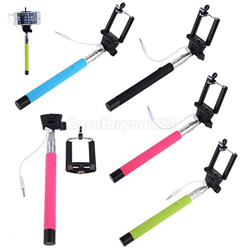 CiberSpeed Wired Selfie Stick Handheld Monopod Built-in Shutter Extendable + Mount Holder For iPhone Samsung Smartphone Any Phones Camera (Pink)
