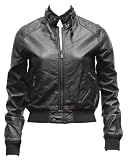 Ladies Black Synthetic Leather Biker Jacket Snap Button Collar Diamond Shoulder Stiching