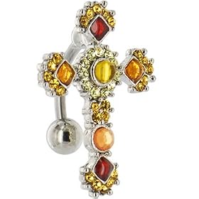 Top Mount Amber Brown EMBELLISHED CROSS Belly Ring by 