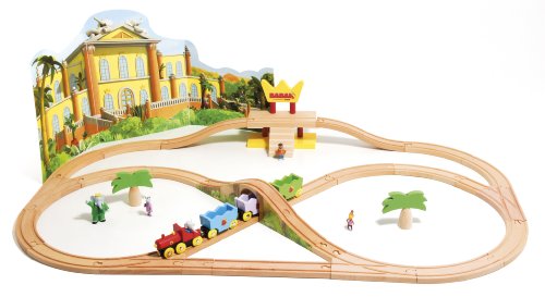 Jeujura - 94424 - Circuit - Véhicule Miniature - Train Babar en Bois avec 6 Figurines - Grand Circuit Deluxe