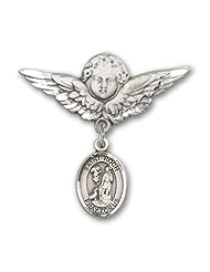 Sterling Silver Baby Badge with St. Roch Charm and Angel with Wings Badge Pin